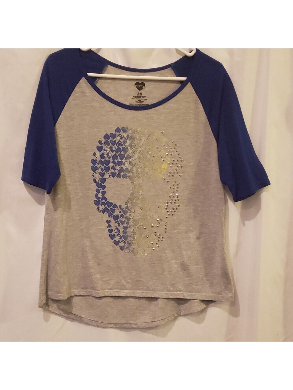 Hard Candy Womens XL Skull Hearts Studded Raglan Shirt Purple Gray Graphic